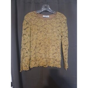 Petite Sophisticate Gold Lace Blouse, Women's Small Top, Long Sleeve Floral Mesh